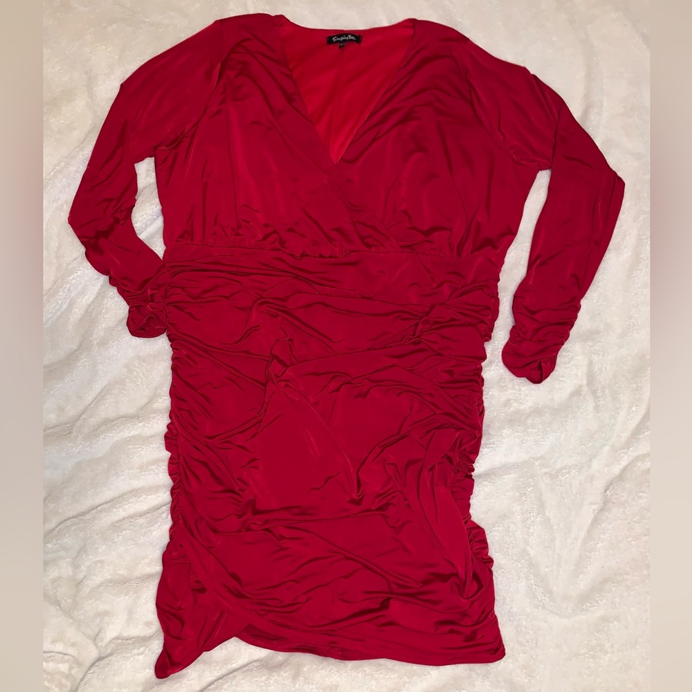 SimplyBe Red Ruched Wrap Dress with Bishop Sleeves